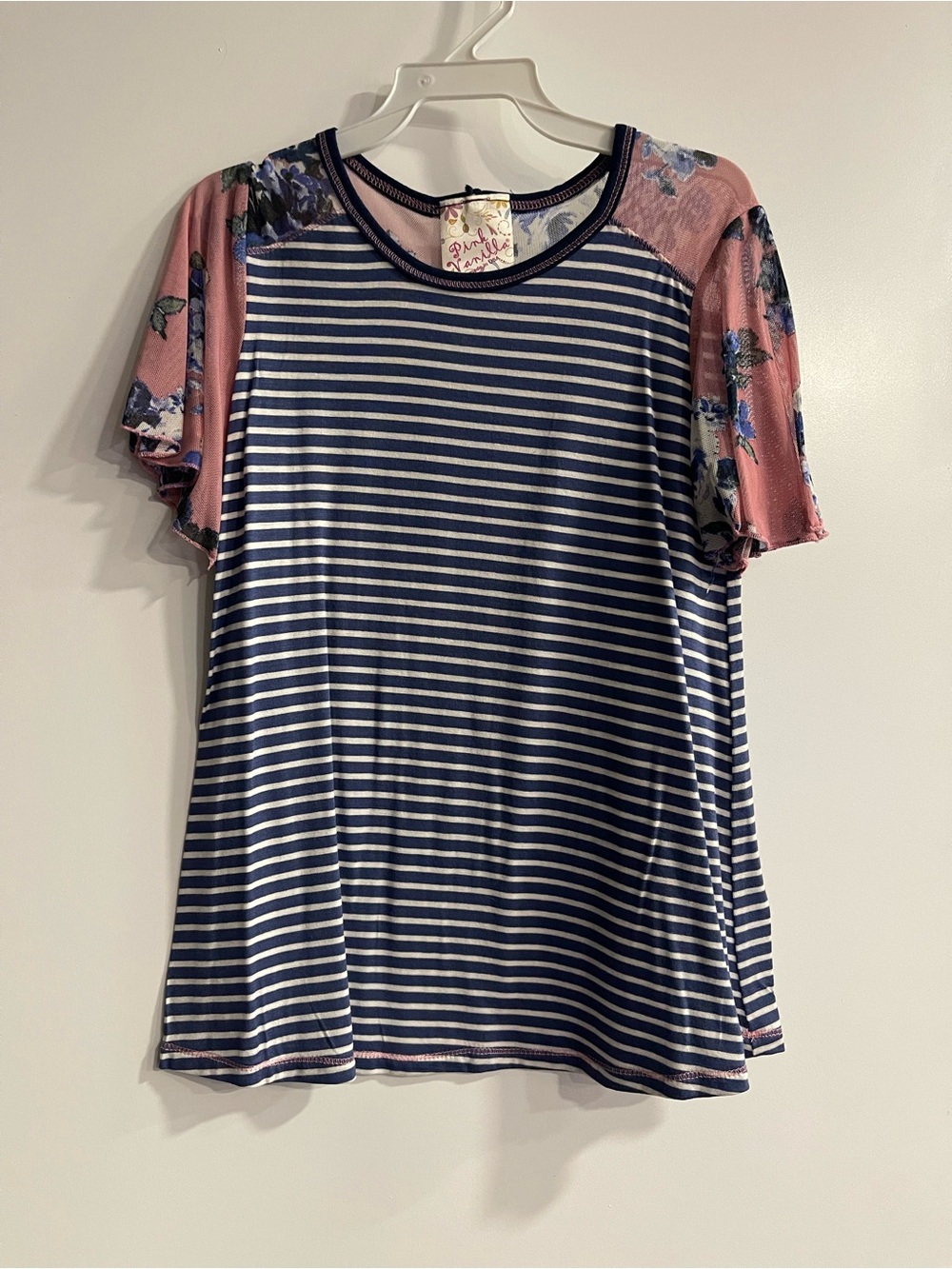 New Pink Vanilla Navy & White Striped Top with Pink Floral Sleeves